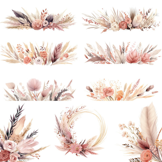Clipart floral bohemio con rubor en acuarela