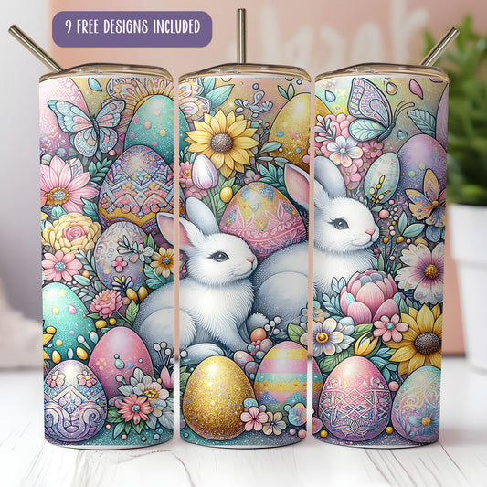 a painting of a white rabbit surrounded by eggs and flowers