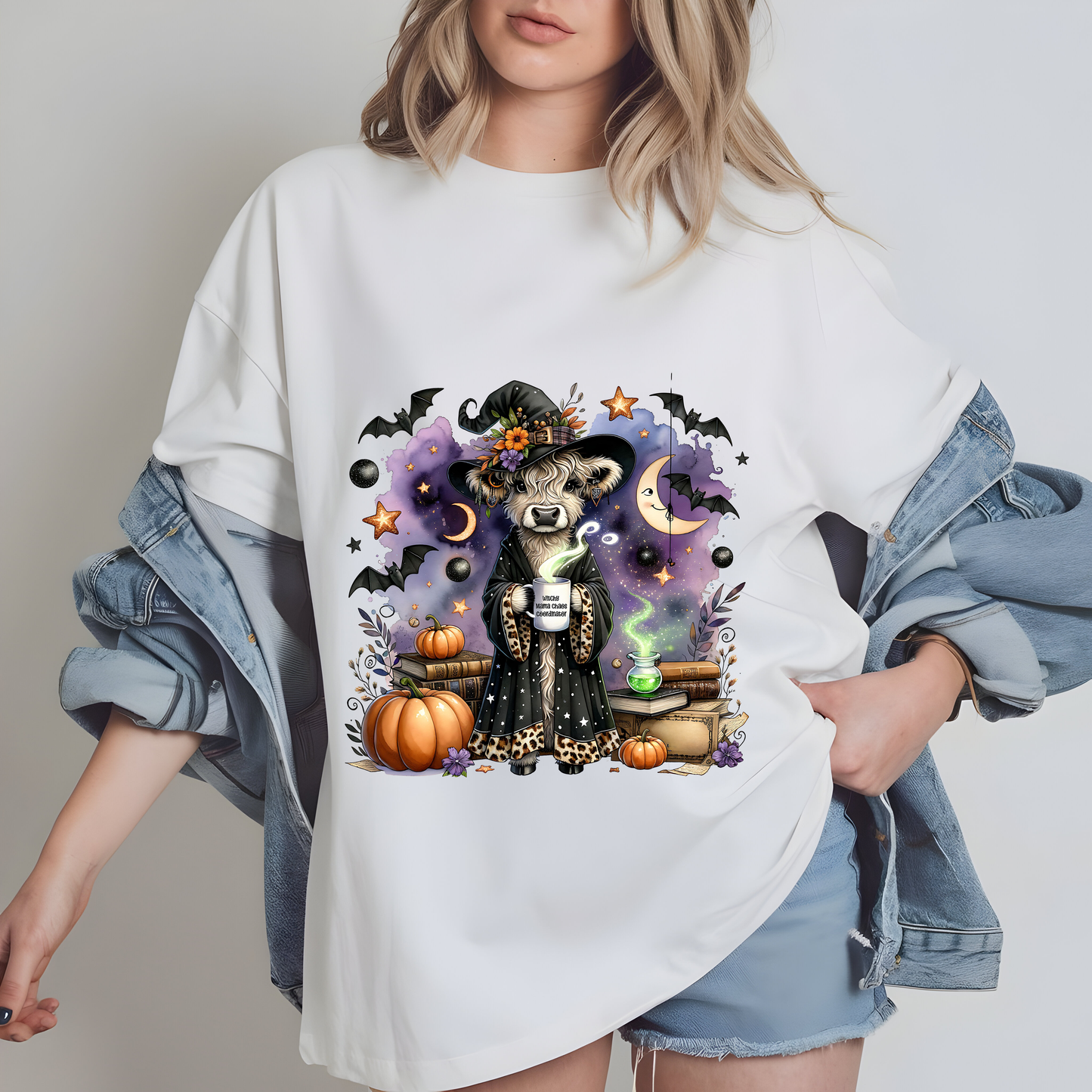 Witchy Mama Chaos Coordinator PNG – Funny Highland Cow Halloween Sublimation