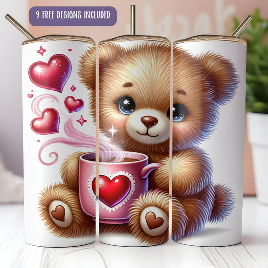 a picture of a teddy bear with a cup of coffee