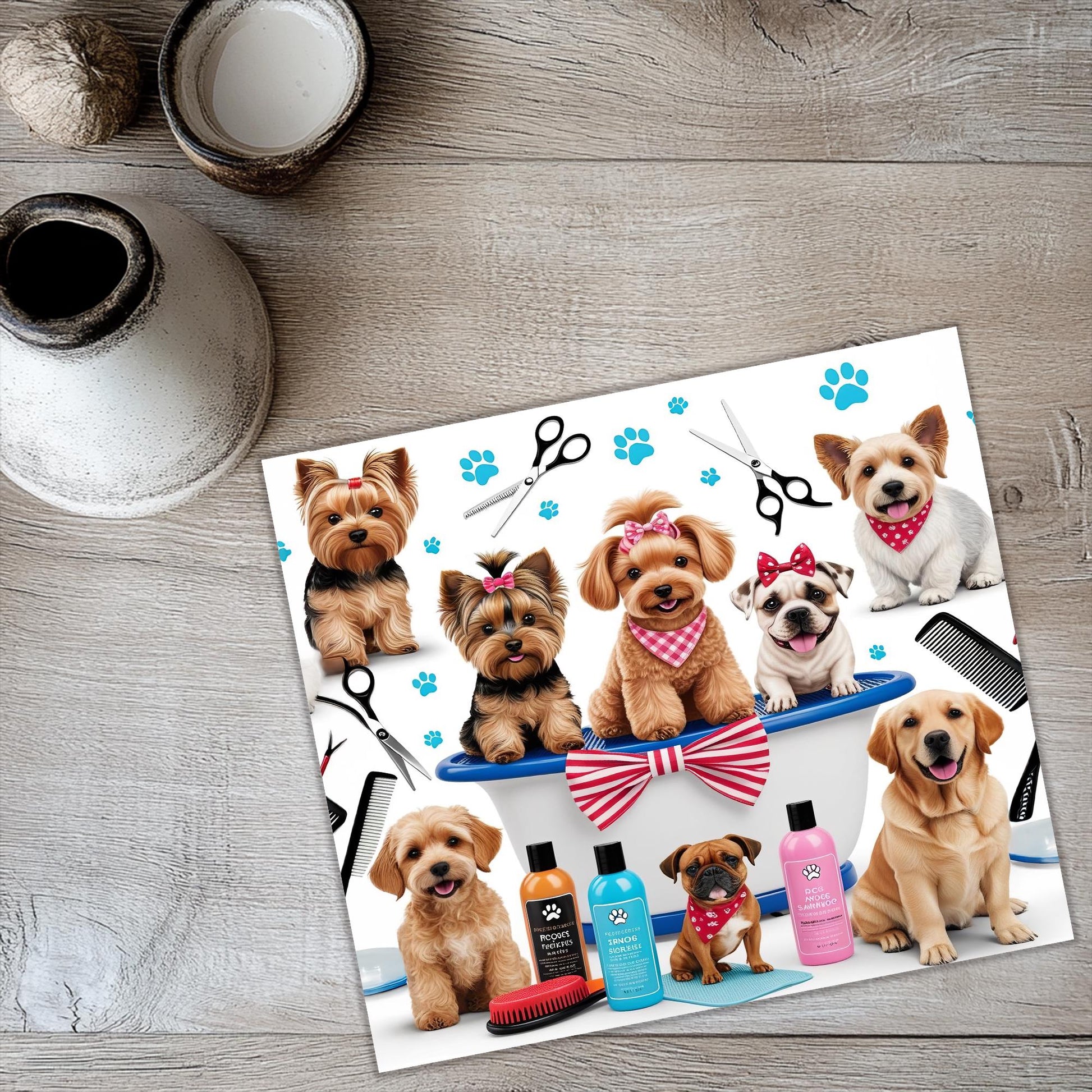 a group of dogs sitting on top of a table