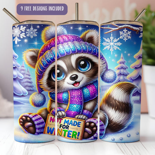 a picture of a raccoon wearing a winter hat and scarf