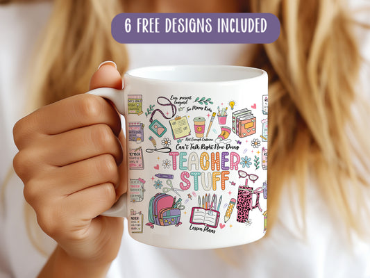 a woman holding a coffee mug with the words teacher stuff on it