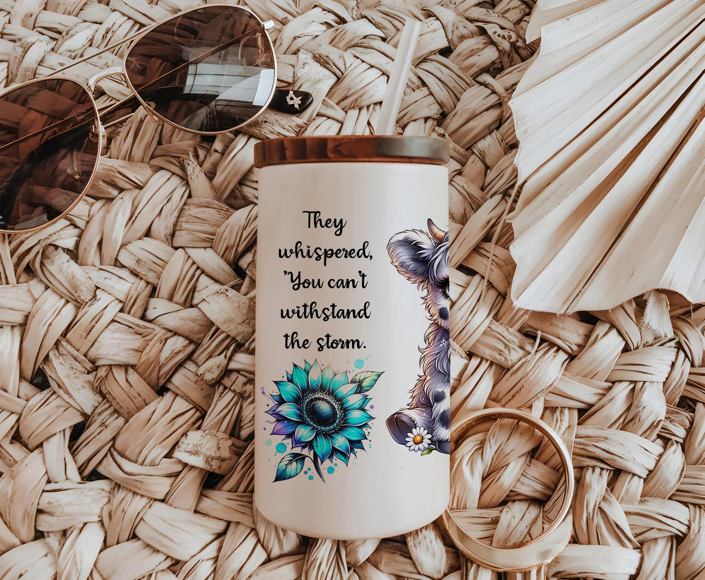 a coffee mug with a quote on it sitting on a wicker mat