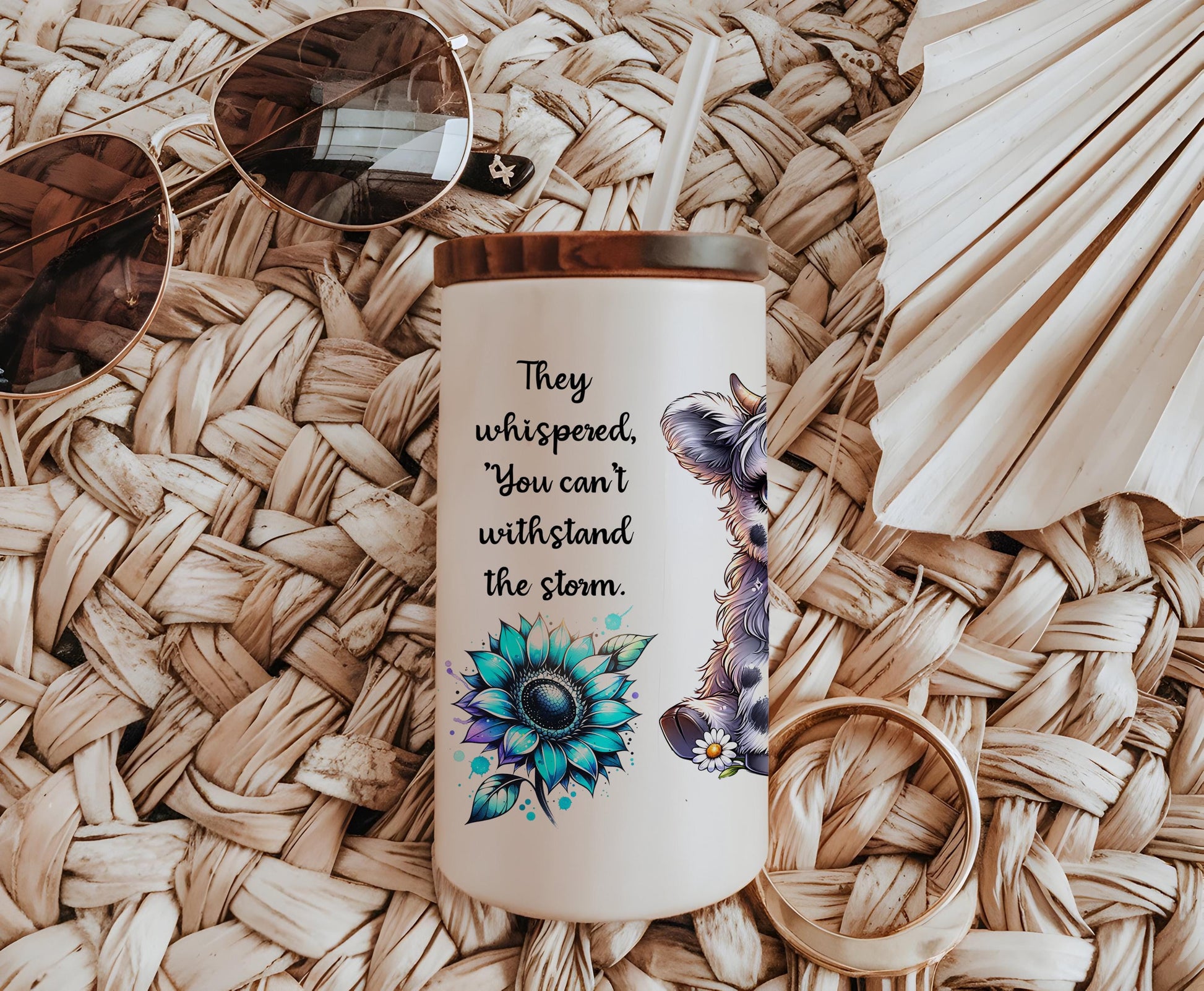 a coffee mug with a quote on it sitting on a wicker mat