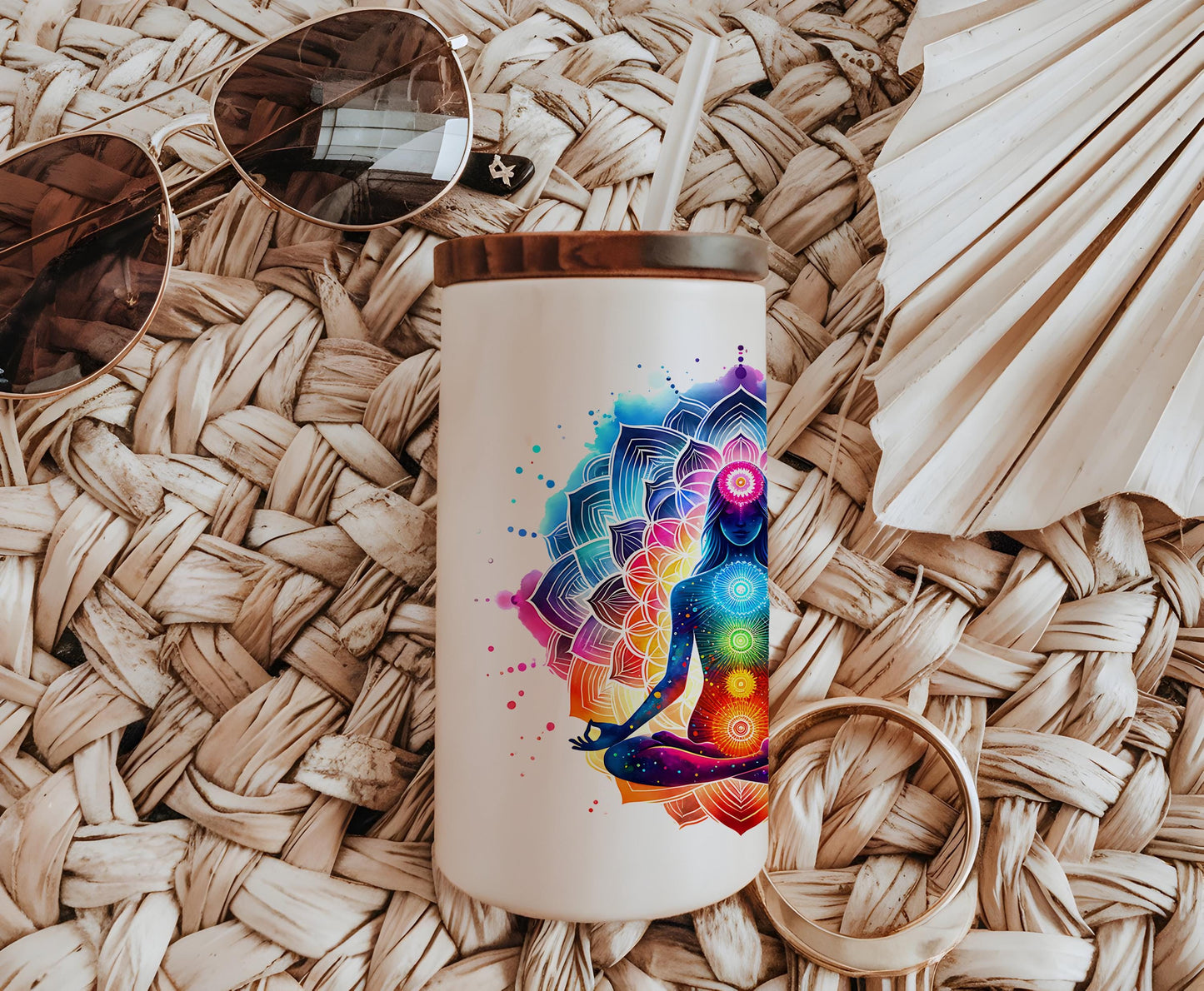 a white coffee mug with a colorful design on it