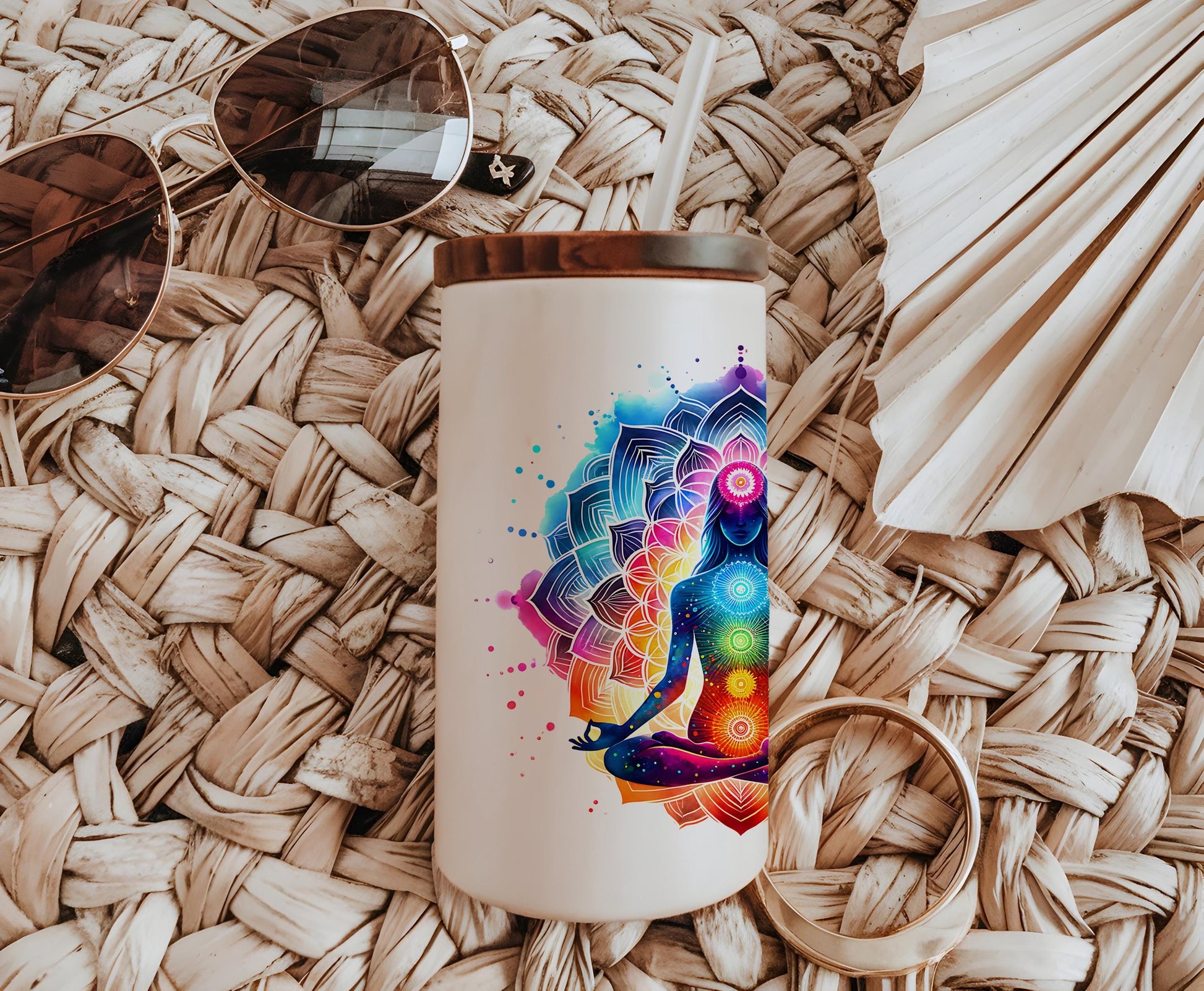 a white coffee mug with a colorful design on it