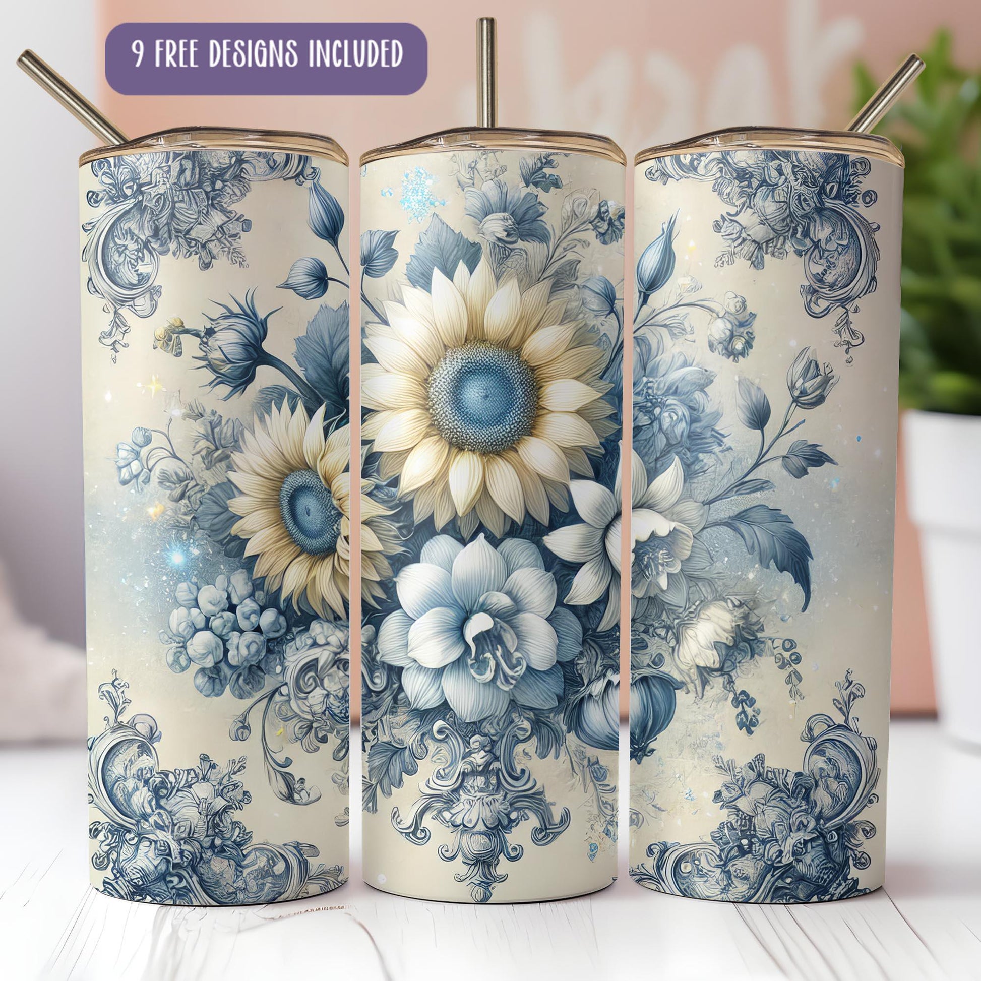 a set of three blue and white vases with flowers on them