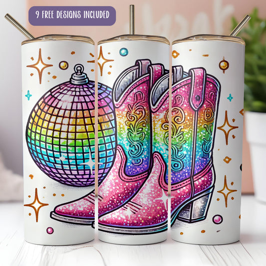 a pair of colorful boots and a disco ball on a white background