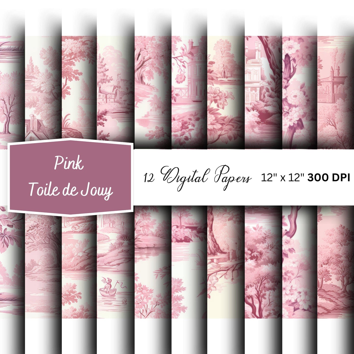 Watercolor Pink Toile de Jouy Digital Paper