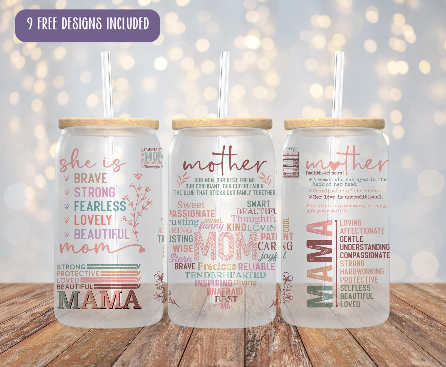 three personalized mother's day mason jars on a wooden table