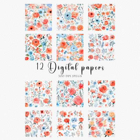 Vibrant Coral and Blue Floral Digital Papers