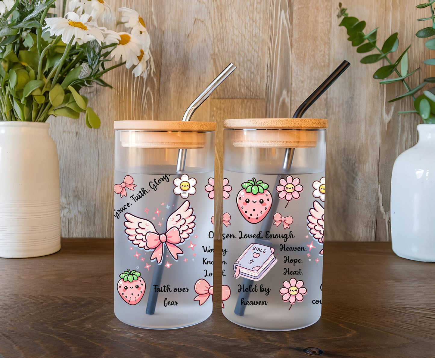 a couple of cups sitting on top of a wooden table