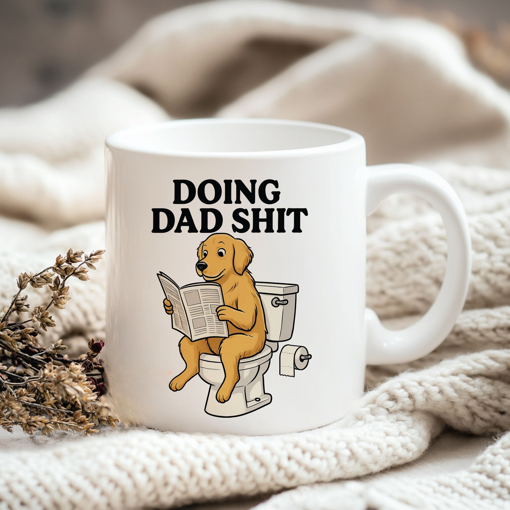 a coffee mug with a dog sitting on a toilet reading a newspaper