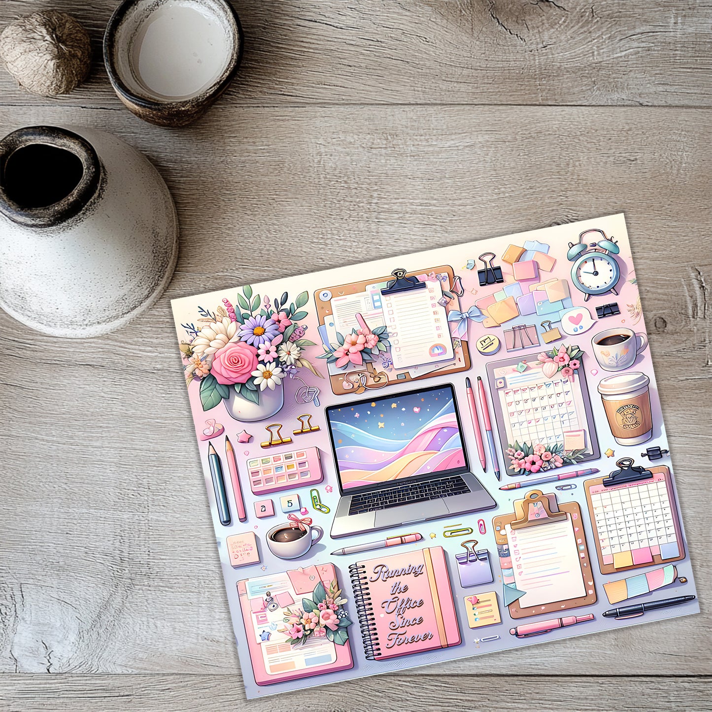 A colorful and whimsical illustration of various office supplies and items, including a laptop, flowers, a calendar, a mug, and other decorative elements, arranged on a wooden surface.