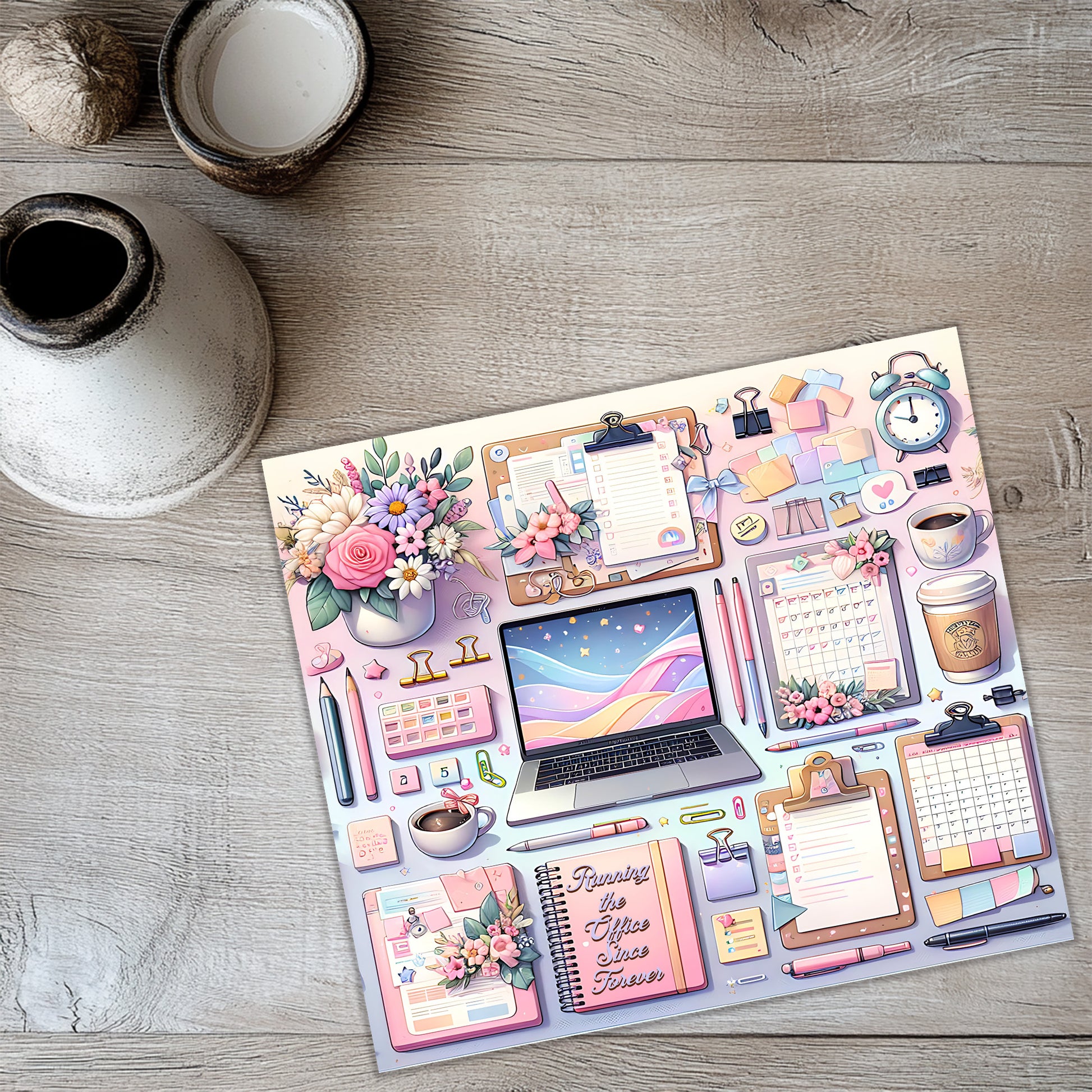 A colorful and whimsical illustration of various office supplies and items, including a laptop, flowers, a calendar, a mug, and other decorative elements, arranged on a wooden surface.