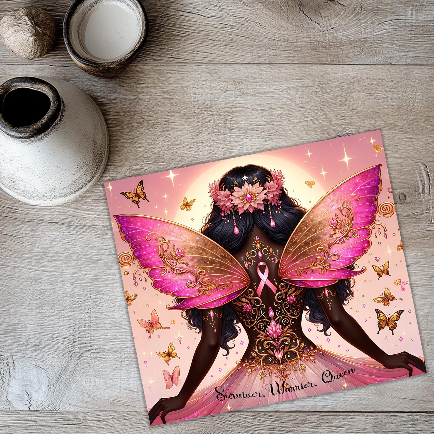 a card with a picture of a woman with a butterfly wings