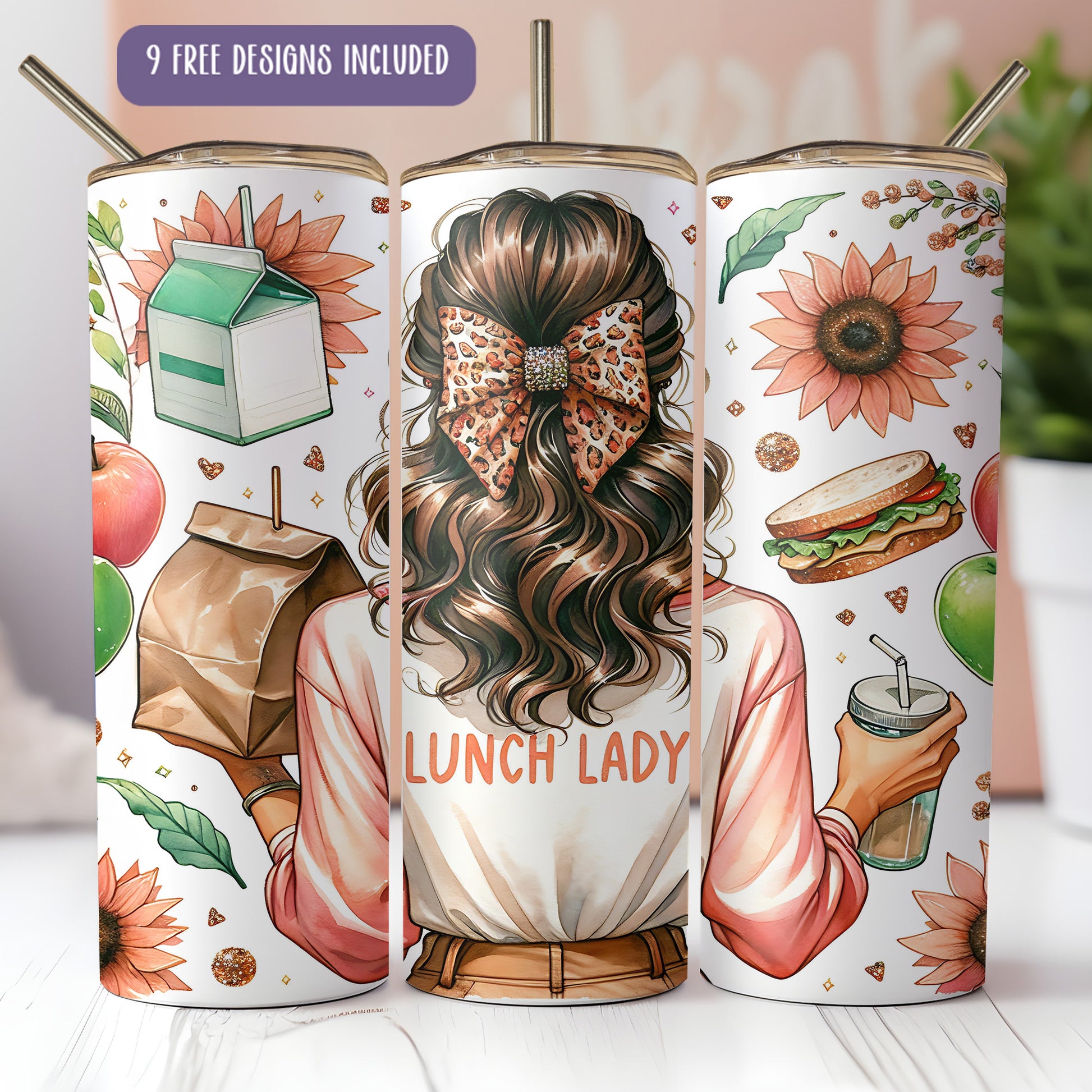 a woman with long hair and a bow tie in a lunch lady canister