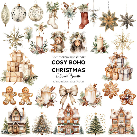 Watercolor Cosy Boho Christmas Clipart
