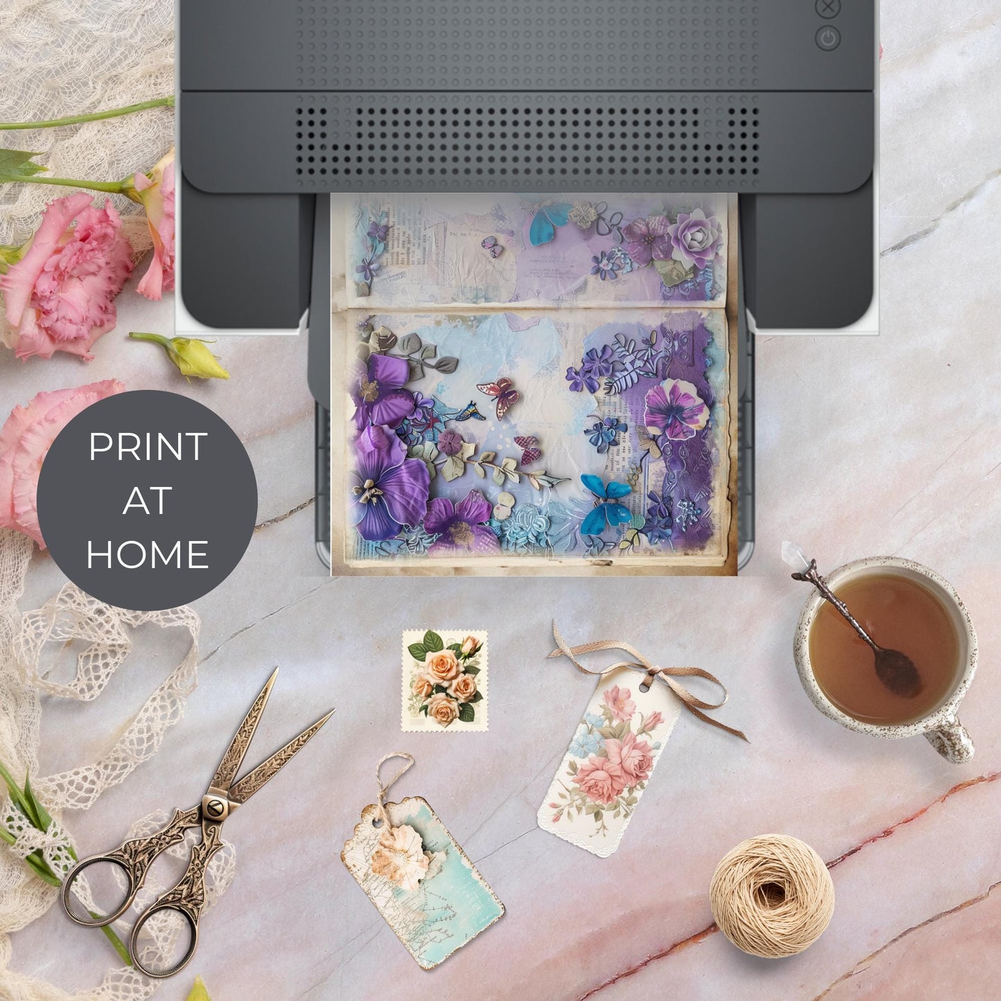 Páginas de diario basura con flores moradas y verde azulado, vol. 1