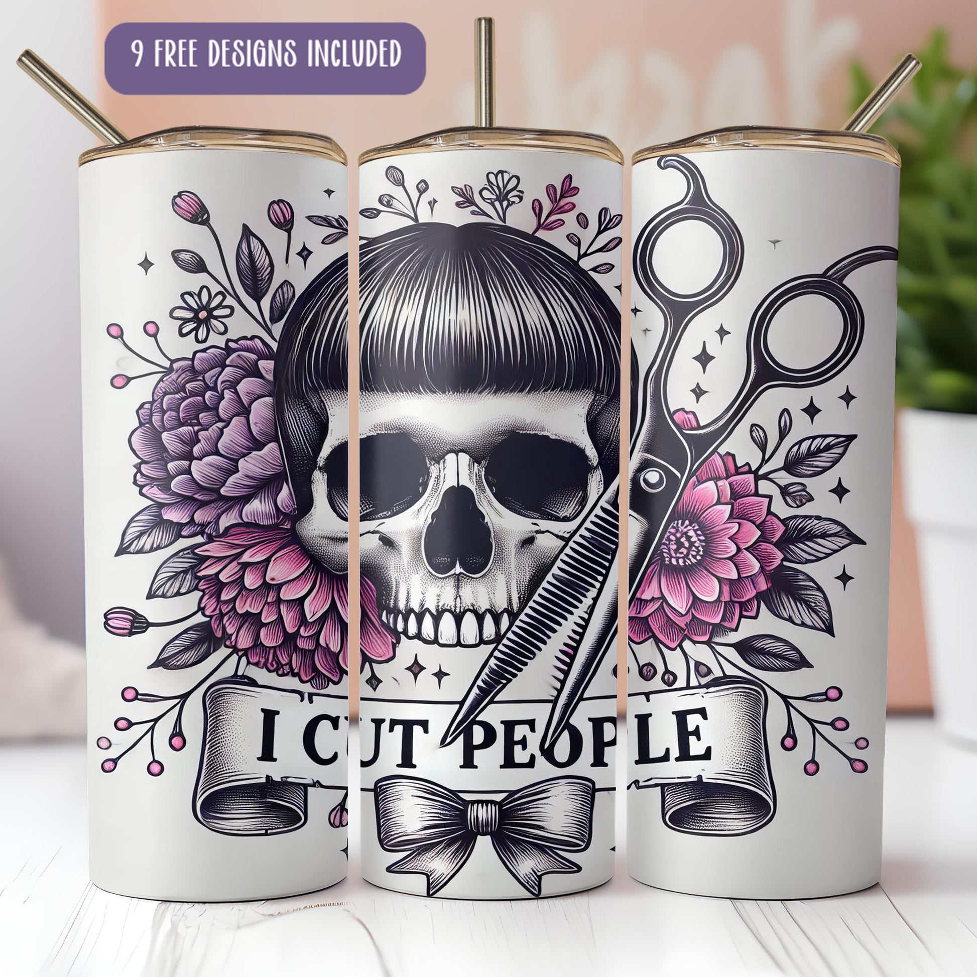 a set of three tumbles with a skull and scissors on them