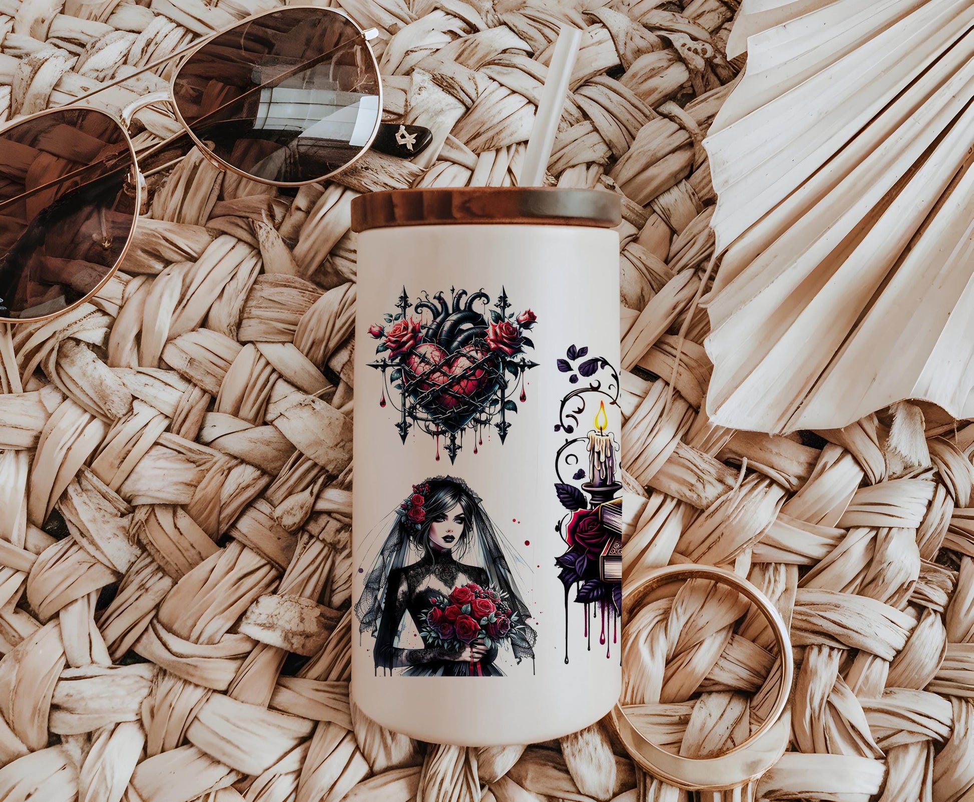 a white coffee mug with a picture of a woman on it