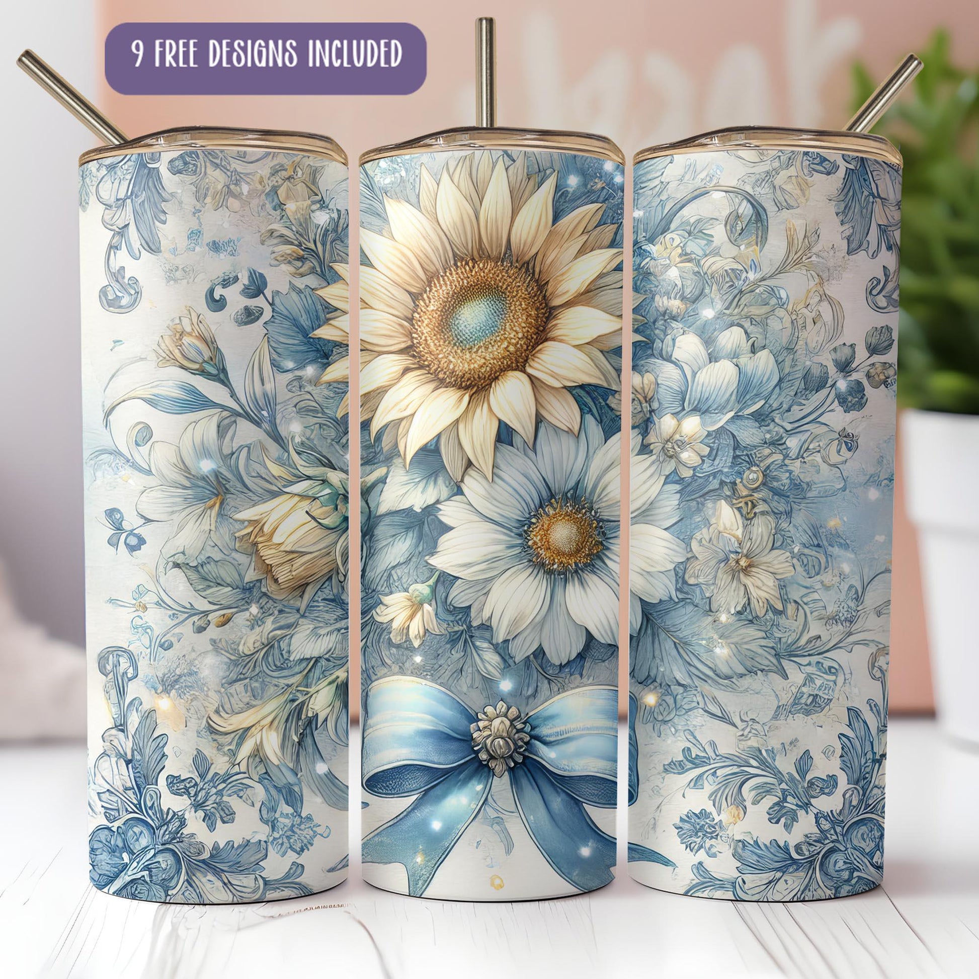 a set of three blue and white vases with flowers on them