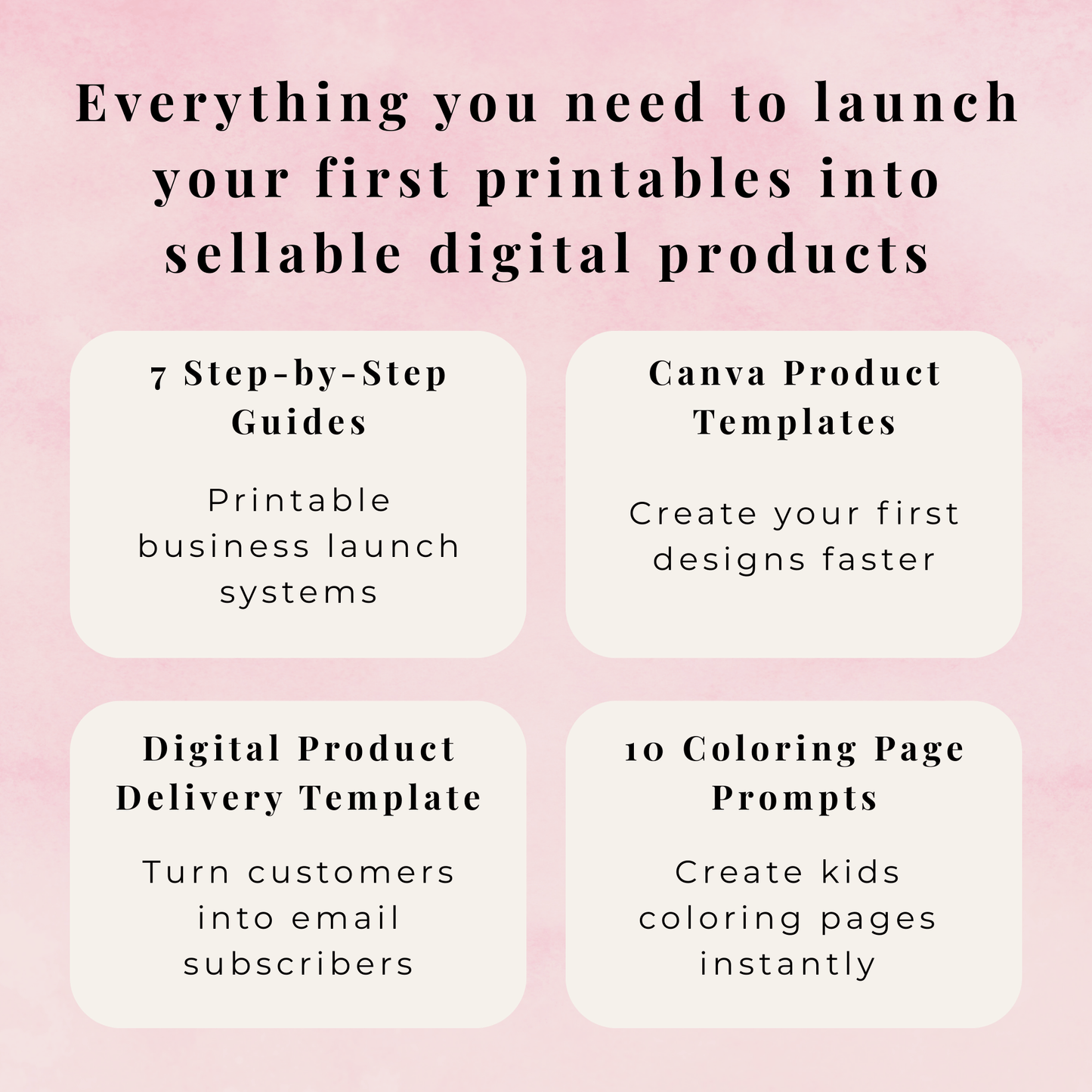 Promotional graphic for launching printables into digital products with text on a pink background.