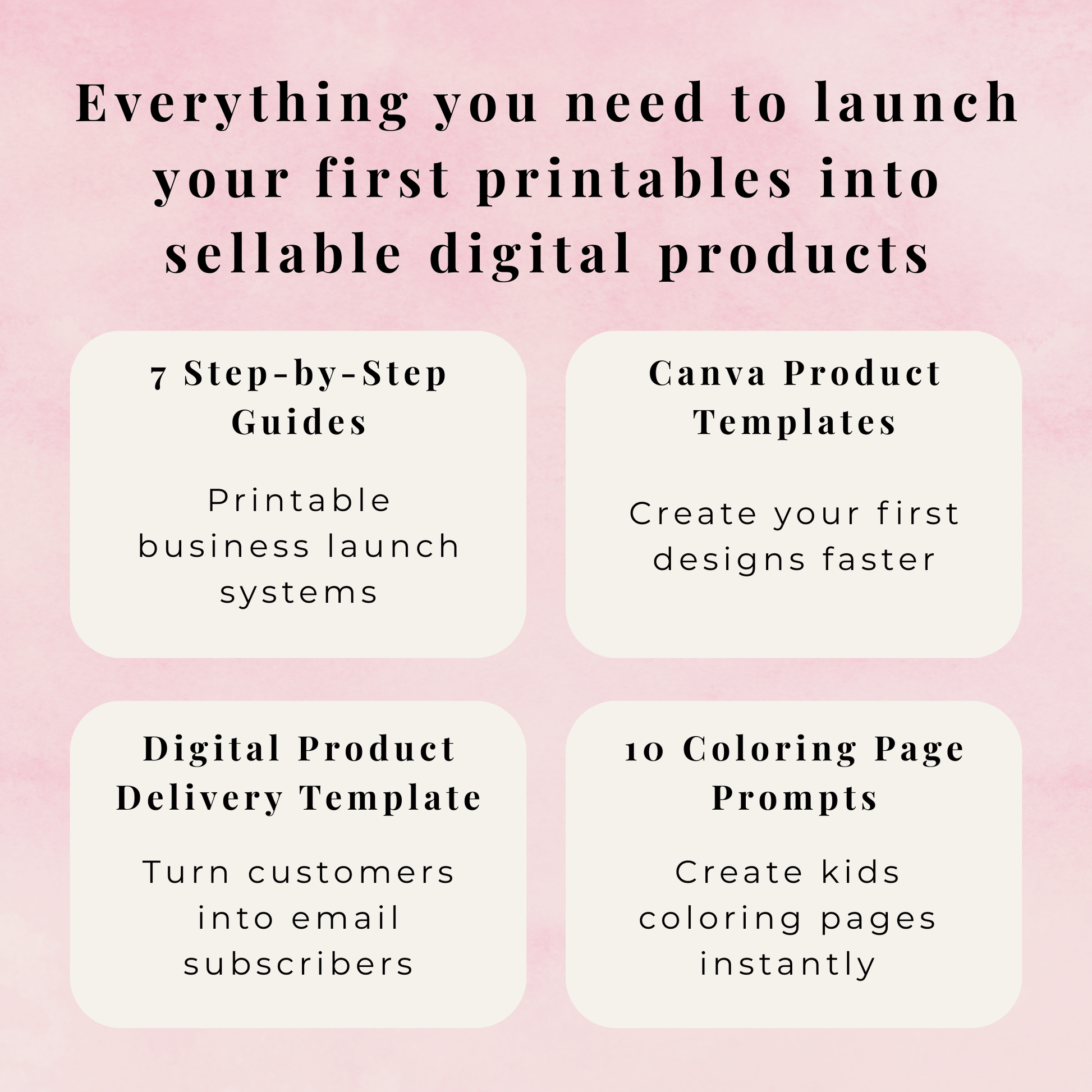 Promotional graphic for launching printables into digital products with text on a pink background.