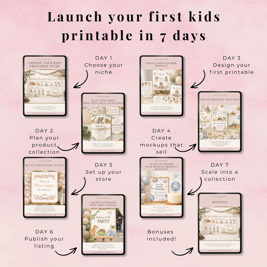 Step-by-step guide for launching a kids' printable product on a pink background with text overlay.