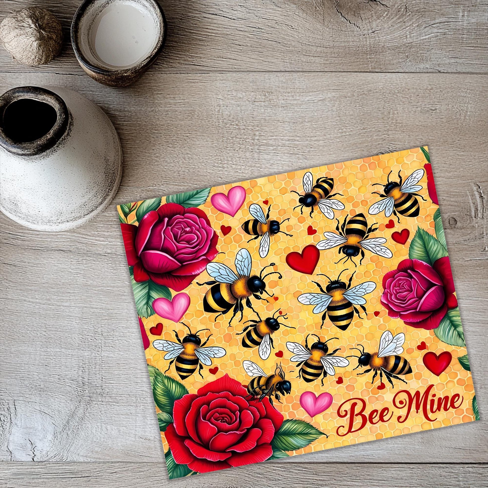 a picture of bees and roses on a yellow background