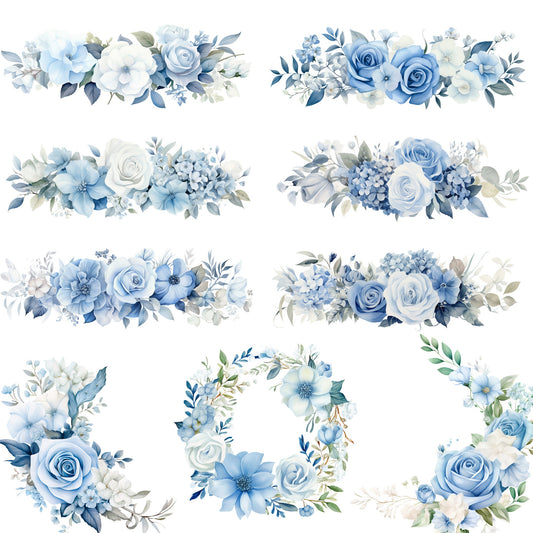 Clipart floral azul claro de acuarela