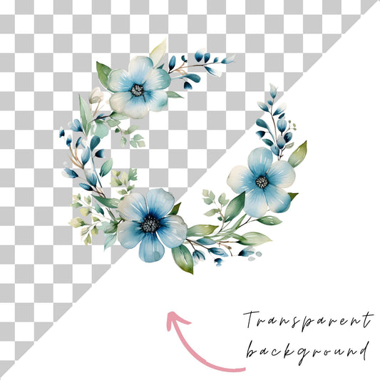 Blue Floral Wreath Clipart Single