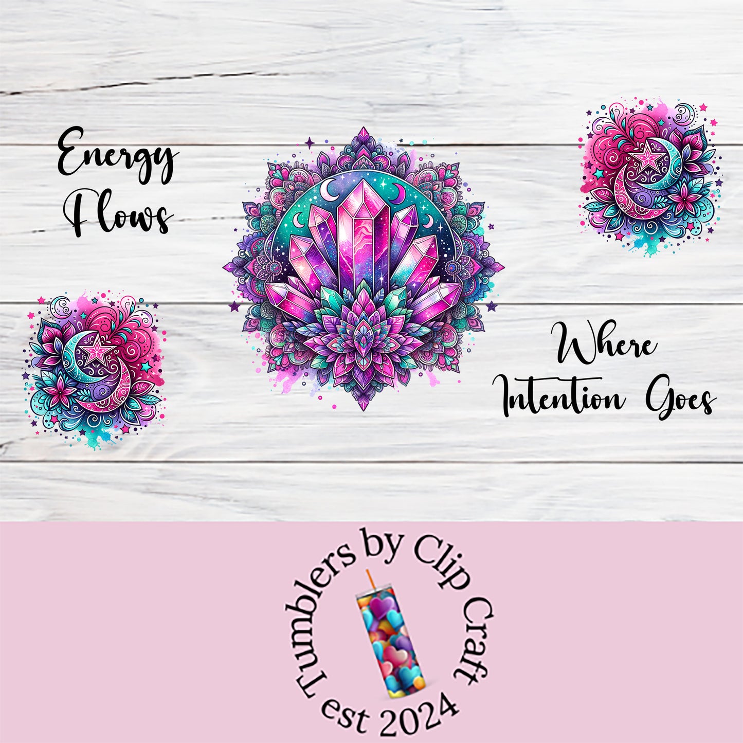 a white wooden background with a pink and blue flower