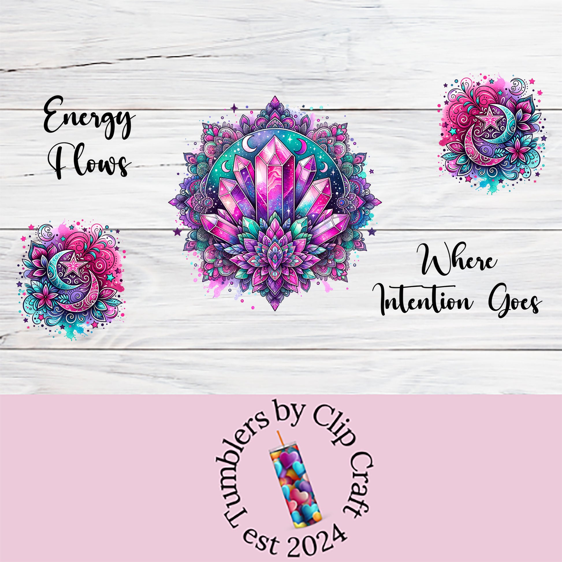 a white wooden background with a pink and blue flower