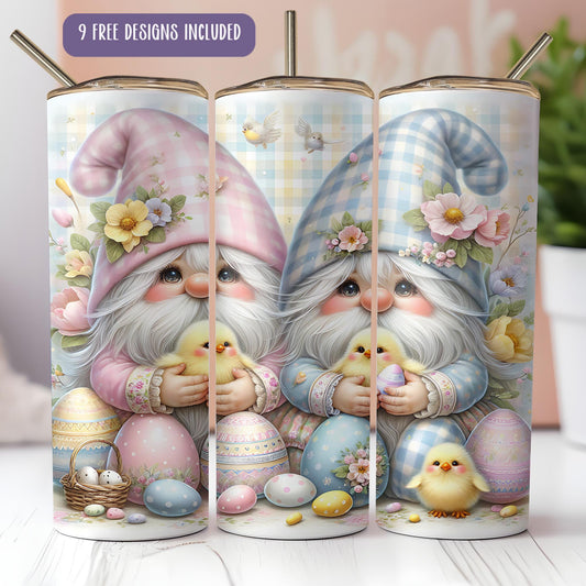 a set of three coffee cups with a picture of two gnomes