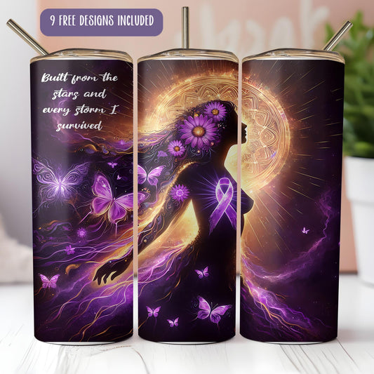 a purple tin with a picture of a woman and butterflies on it