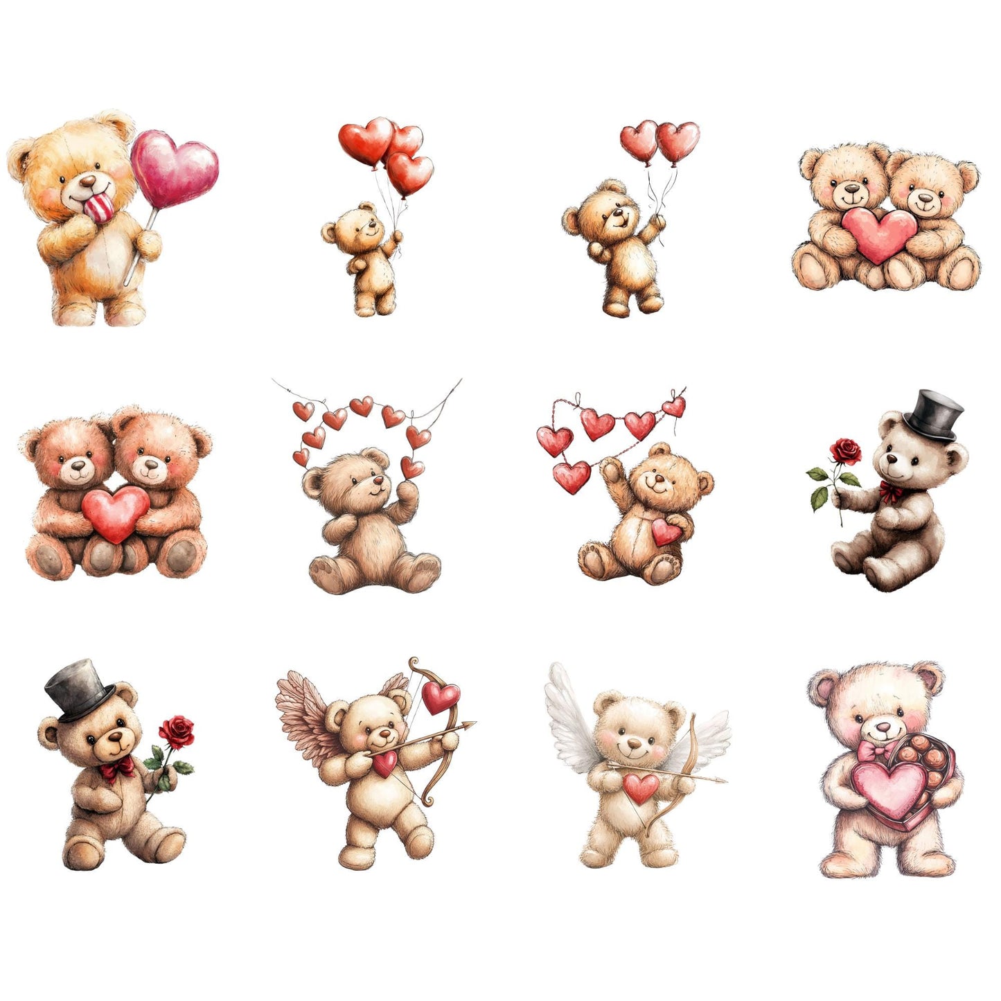 Watercolor Valentines Teddy Bear Clipart