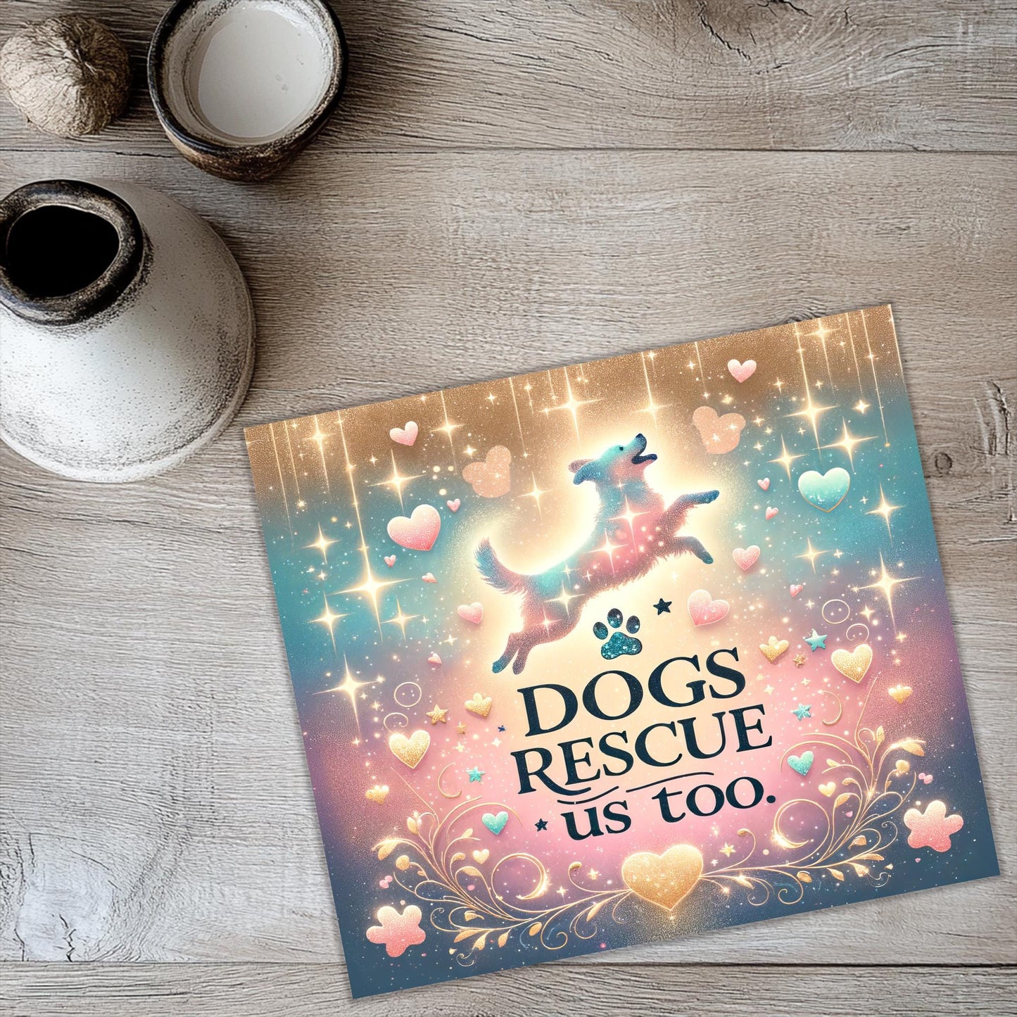 a dog's rescue us too book sitting on a table