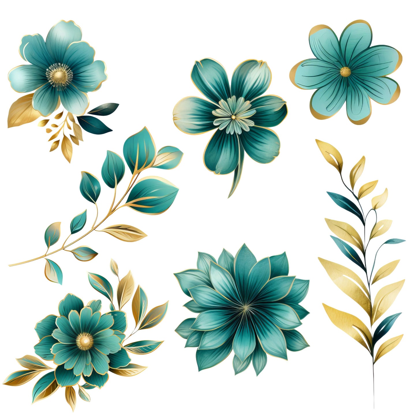 Watercolor Teal & Gold Floral Clipart