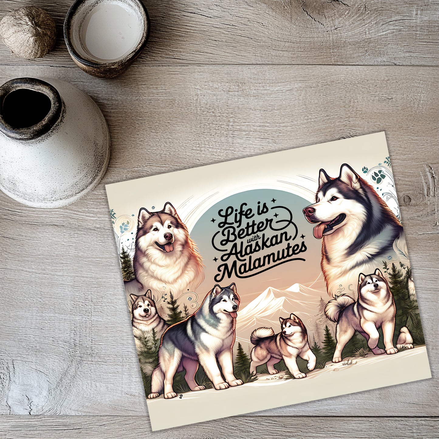 a collage of illustrations of Alaskan Malamutes, a breed of sled dogs, along with the text "Life is better with Alaskan Malamutes".