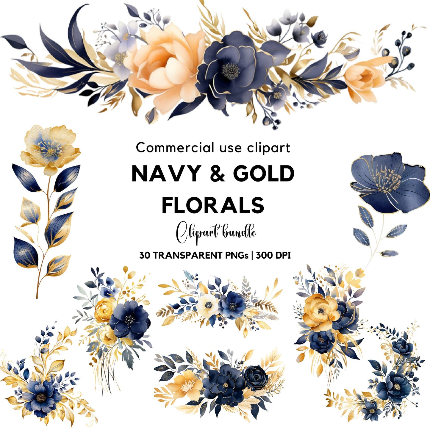 Clipart floral azul marino y dorado
