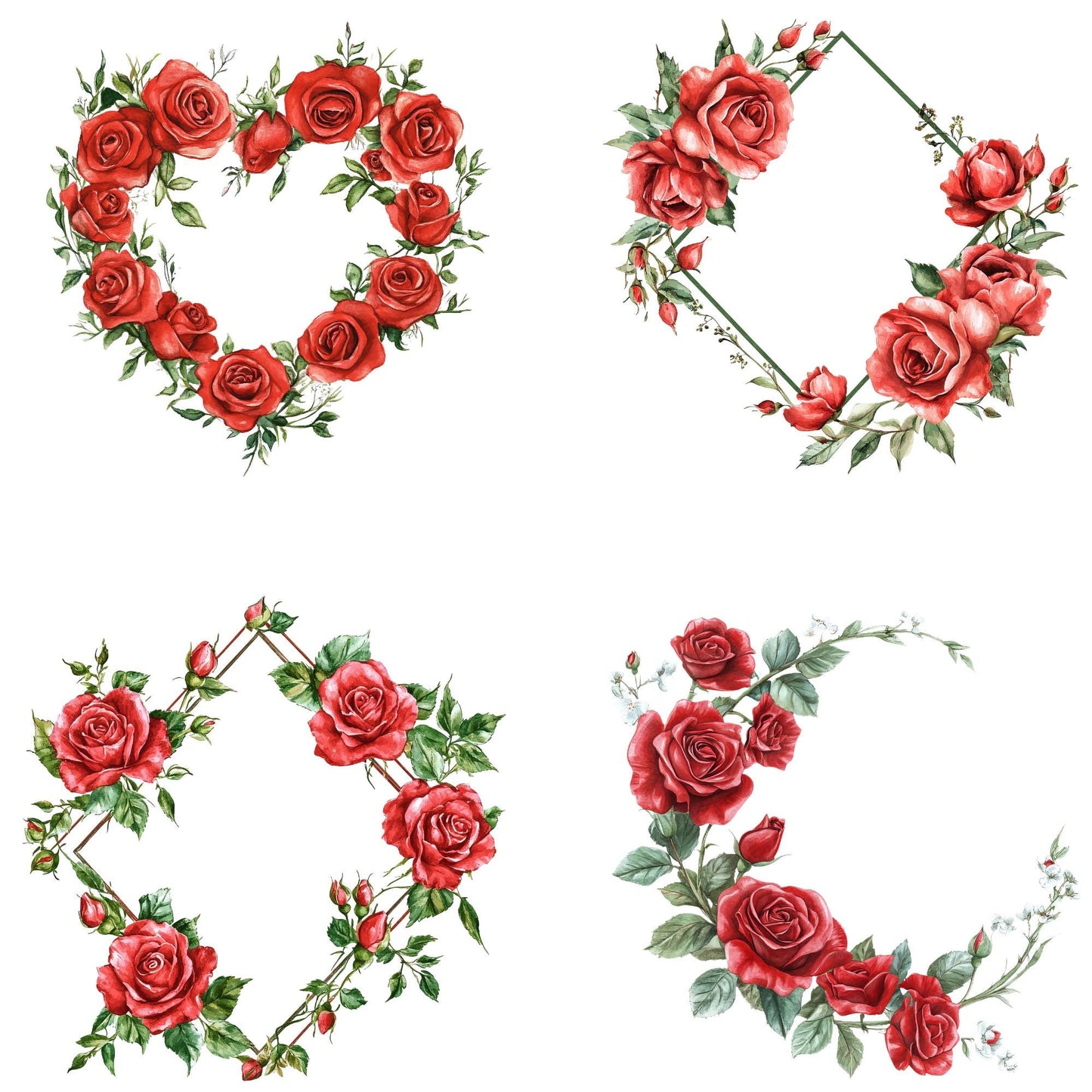 Clipart de marco floral de rosa roja en acuarela