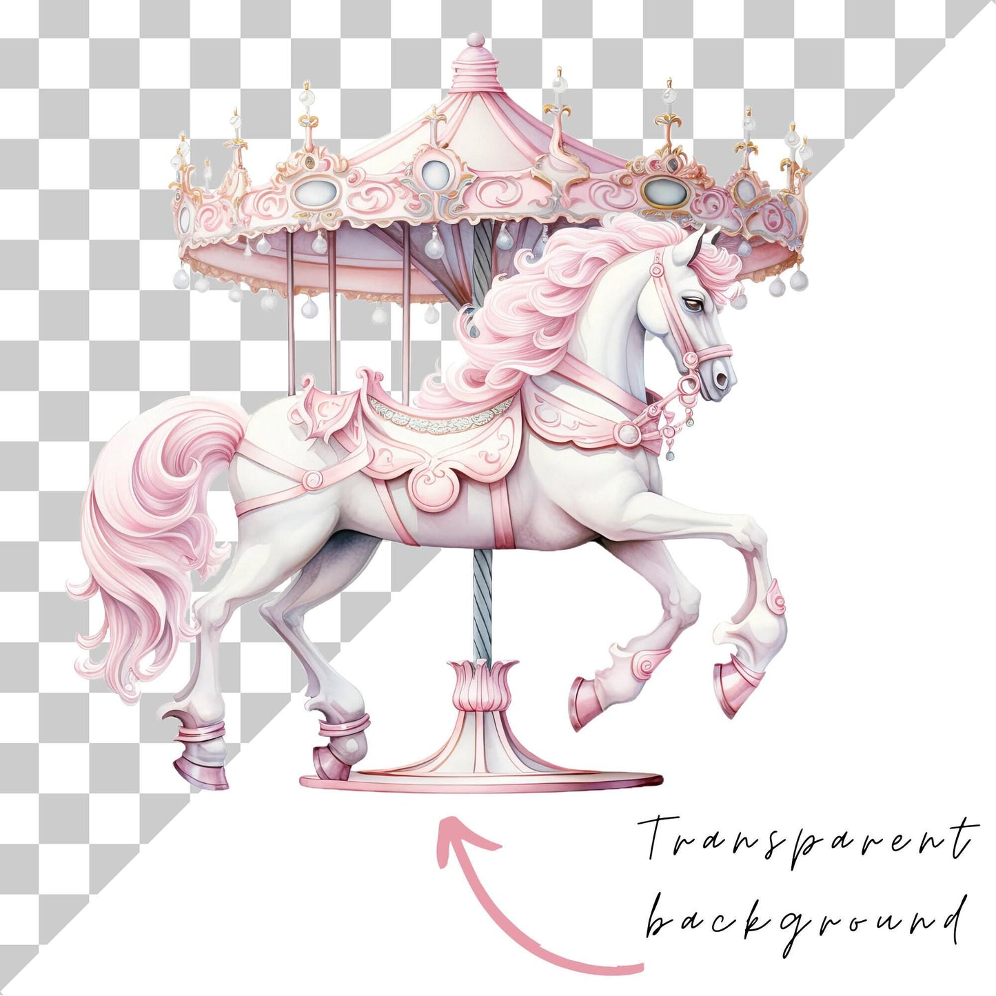 Watercolor Soft Pink Horse & Carousel