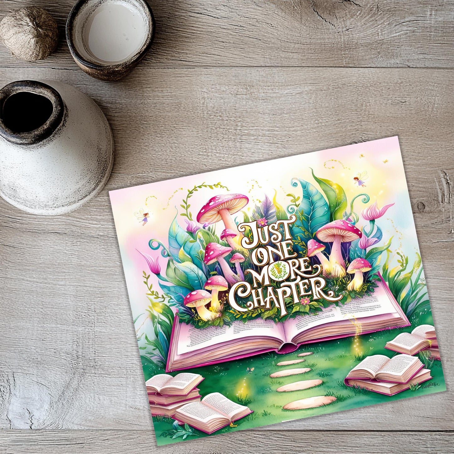 a card with a book and a cup of coffee