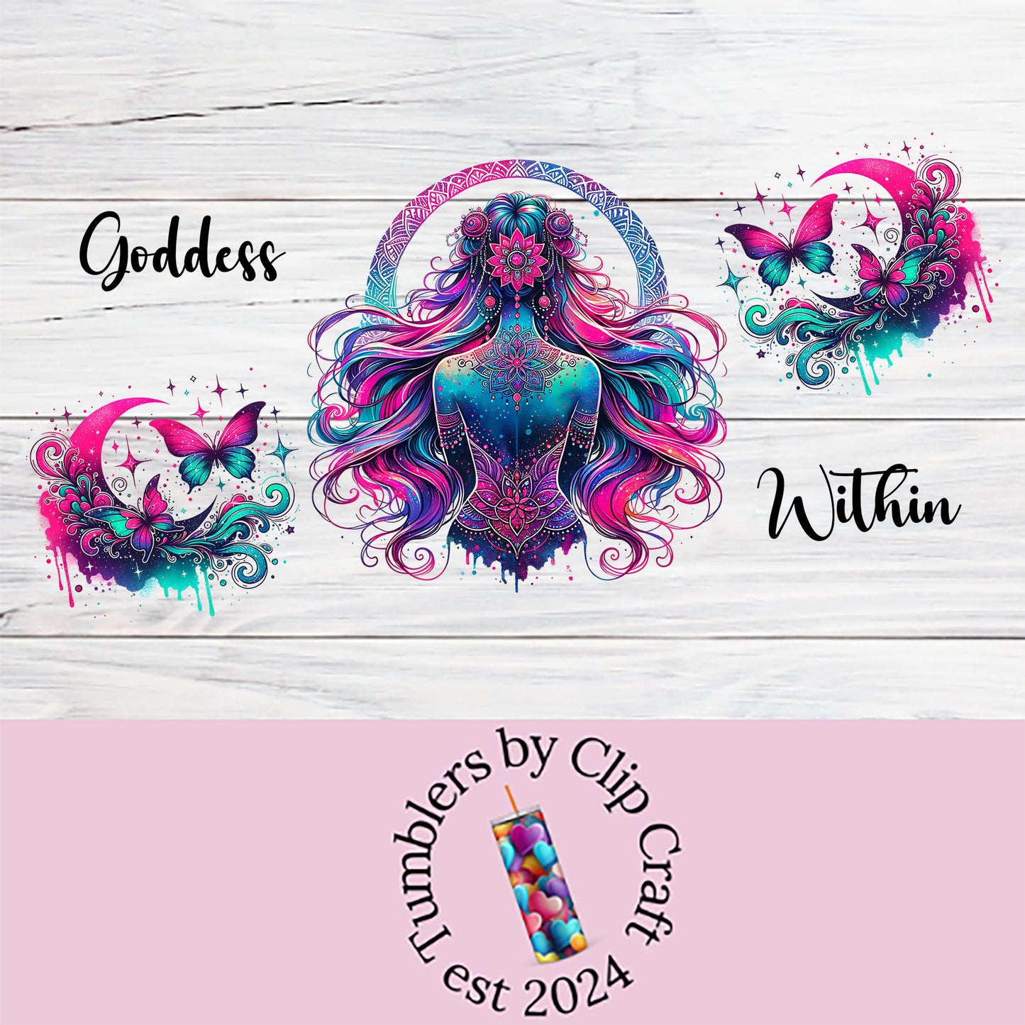 a white wooden background with a pink and blue design