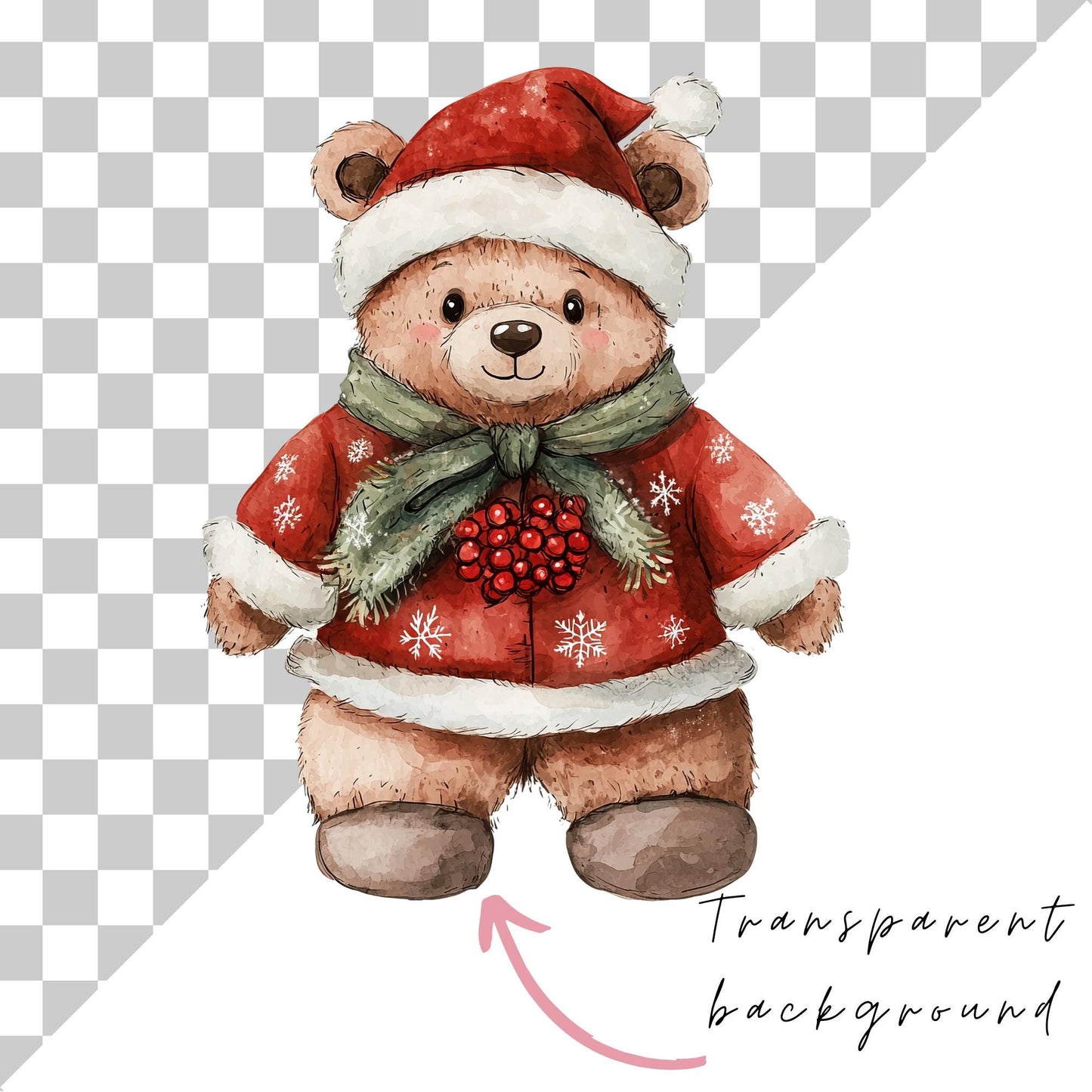 Watercolor Christmas Teddy Bear Clipart