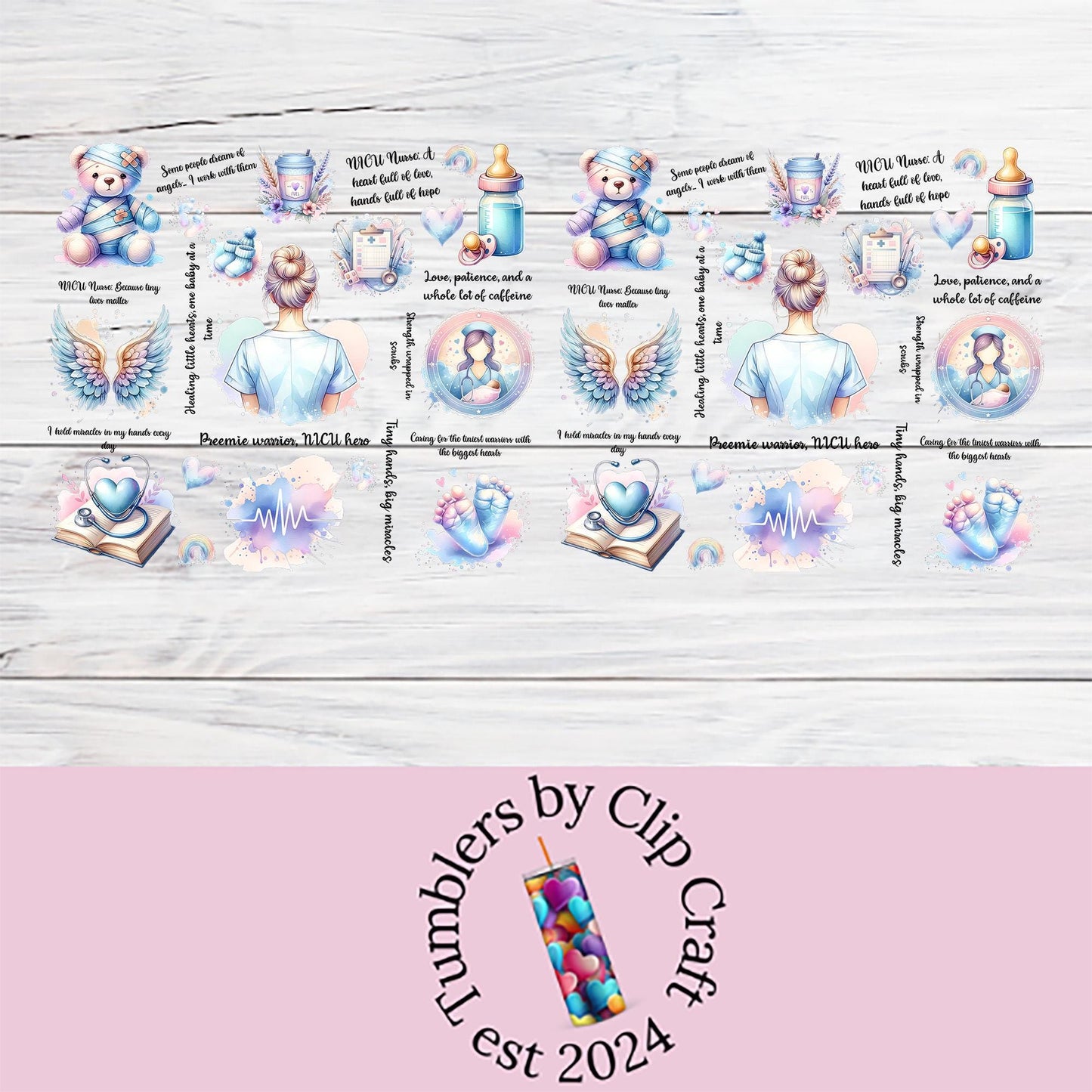 a white wooden table topped with lots of stickers