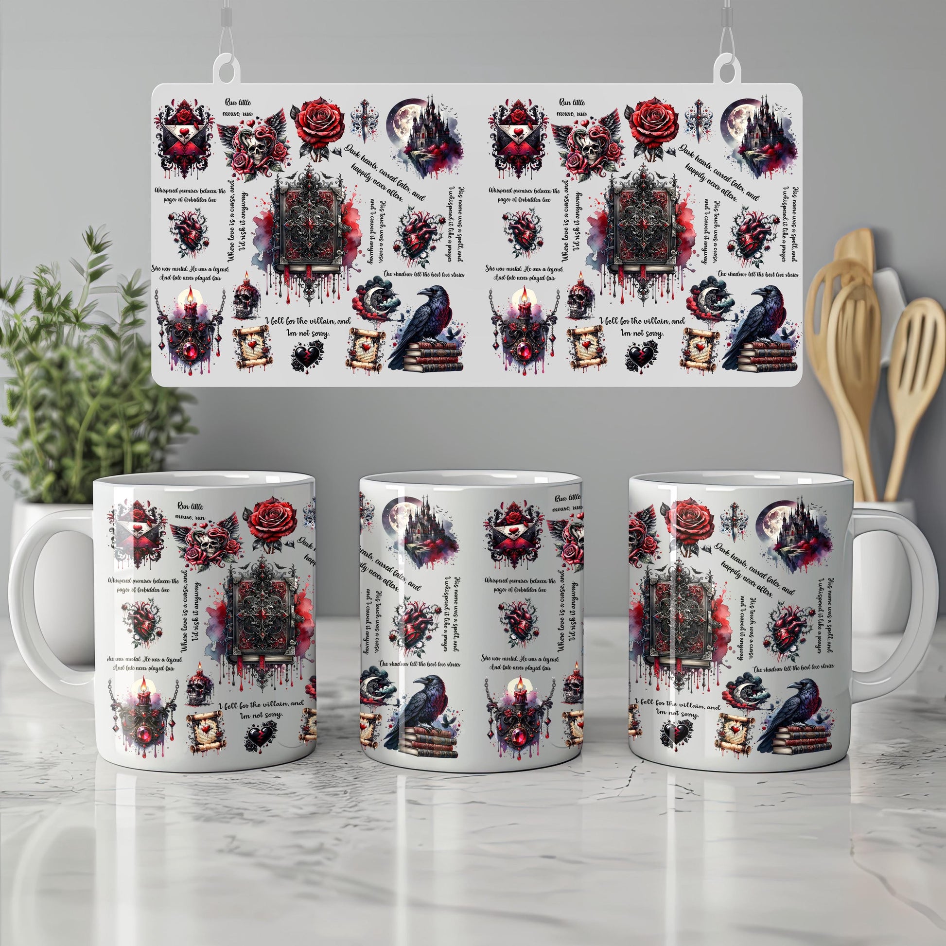 a set of four coffee mugs sitting on top of a counter