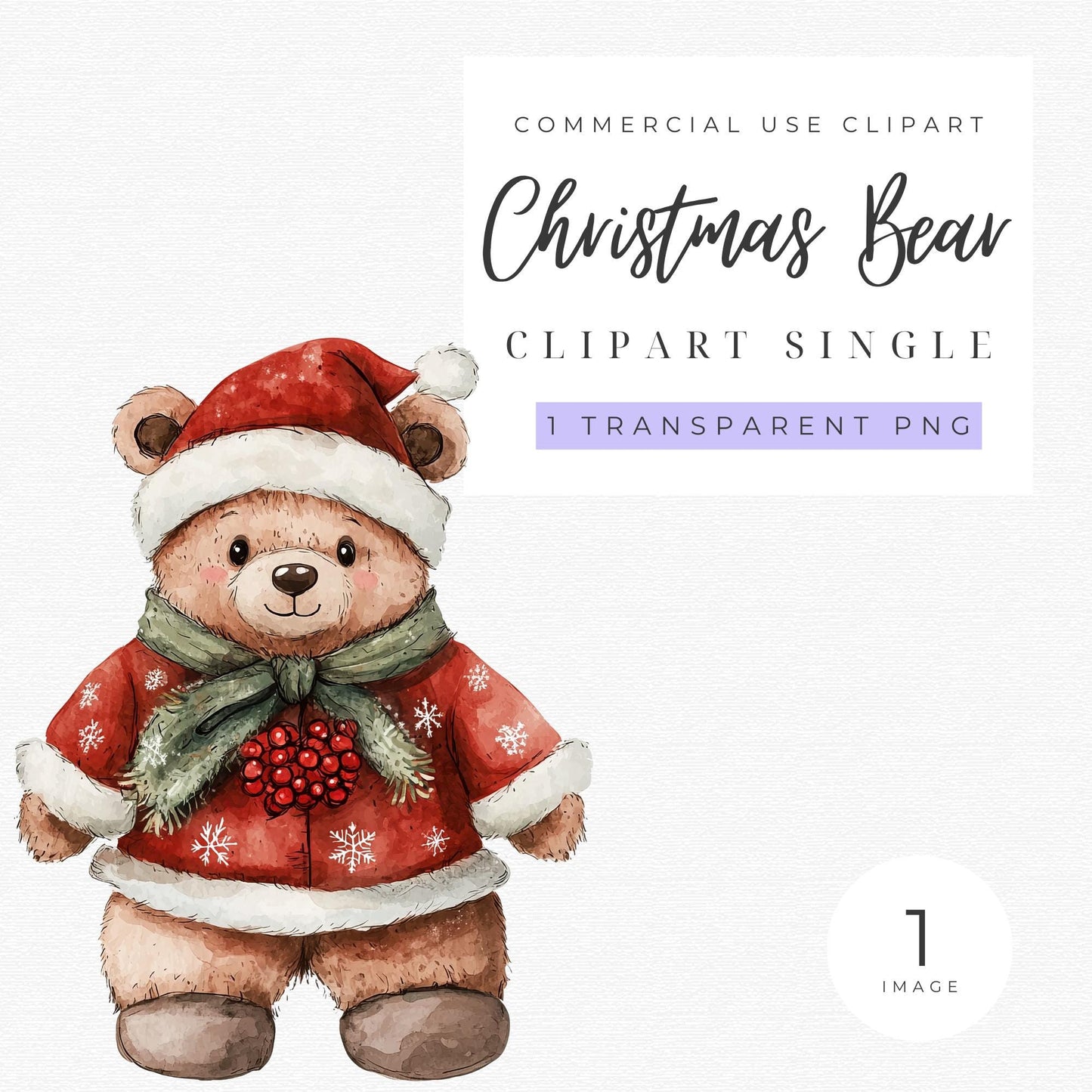 Watercolor Christmas Teddy Bear Clipart